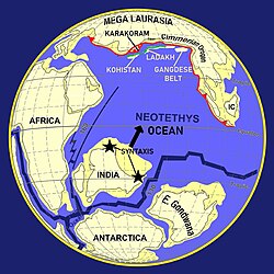 The accretions of the Karakoram, the Kohistan-Ladakh island arc, and the Gangdese belt to Eurasia preceded the final India-Eurasia collision. The stars mark the syntaxis-causing obtrustions.