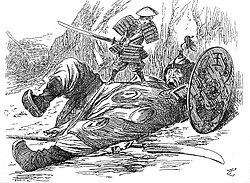 Satirical drawing in the magazine Punch[139] (29 September 1894), showing the victory of "small" Japan over "large" China
