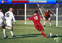 A typical score bug on a televised sporting event will consist of the station logo alongside the current score of game, and other information, such as time elapsed.