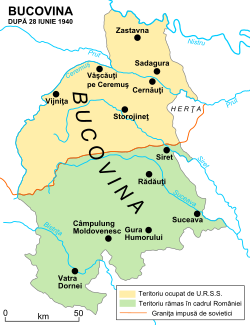Bukovina as divided in 1940: Soviet to the north, Romanian to the south.