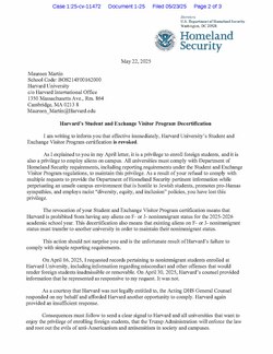 Decertification Letter sent by Kristi Noem on May 22, 2025