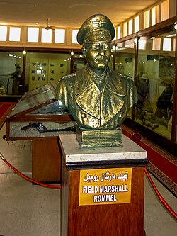 Bust of Rommel at Al Alamein war museum in Egypt, which was built by Anwar Sadat in honour of Rommel. The museum was expanded into a general war museum but Rommel remains a central figure.[537]