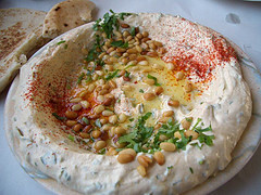 Hummus with pine nuts and olive oil