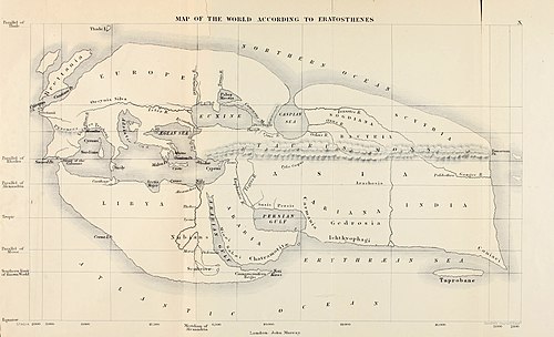 The Hellenistic world view after Seleucus: ancient world map of Eratosthenes (276–194 BC), incorporating information from the campaigns of Alexander and his successors[72]