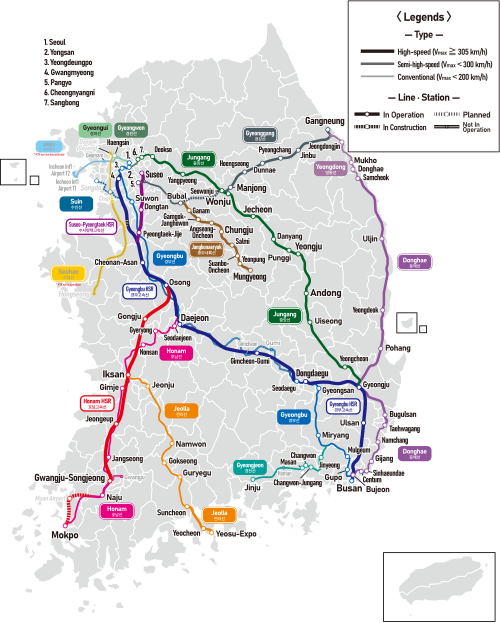KTX network map in January 2021, with the Gyeongbu HSR in blue