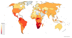 Differences in national income equality around the world as measured by the national Gini coefficient, as of 2018[221]