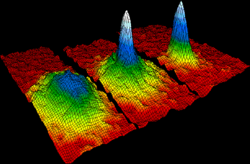 Velocity-distribution data of a gas of rubidium atoms, confirming the discovery of a new phase of matter, the Bose–Einstein condensate.[28] Left: just before the appearance of a Bose–Einstein condensate. Center: just after the appearance of the condensate. Right: after further evaporation, leaving a sample of nearly pure condensate.