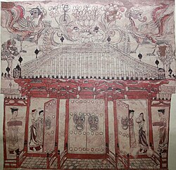 A tomb mural of Xinzhou, dated to the Northern Qi (550–577 AD) period, showing a hall with a tiled roof with chiwei roof ornaments, dougong brackets, and doors with giant door knockers (perhaps made of bronze)