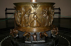 Baptism of Christ on the 12th-century baptismal font at St Bartholomew's Church, Liège