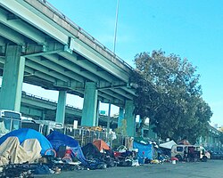 A homeless encampment under a freeway in San Francisco
