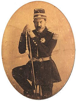 Daguerreotype of Domingo Faustino Sarmiento after the Battle of Caseros. He is wearing the Brazilian Imperial Order of the Southern Cross given to him by Emperor Pedro II of Brazil during his exile in Petrópolis in 1852[28]