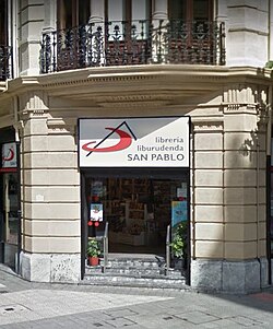 Bilingual sign (Spanish, Basque) at a bookstore in Bilbao