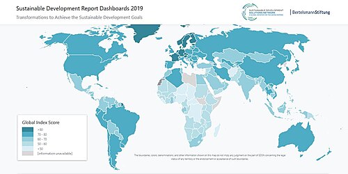 Countries that are closest to meeting the SDGs (in dark blue) and those with the greatest remaining challenges (in the lightest shade of blue) in 2018[136]