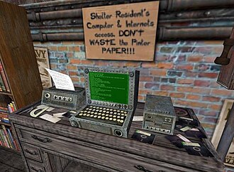 An example of user-generated content, a personalised sign and objects in the virtual world of Second Life