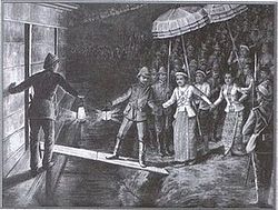 In this rendering, British officers take King Thibaw onto a steamship en route to exile in India. He would never see Burma again.