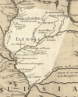 Illinois in 1718, approximate modern state area highlighted, from Carte de la Louisiane et du cours du Mississipi by Guillaume de L'Isle[26]