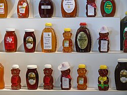 A variety of honey flavors and container sizes and styles from the 2008 Texas State Fair