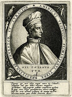 Portrait engraving of Vespucci by Crispijn van de Passe, which titles him "discoverer and conqueror of Brazilian land"