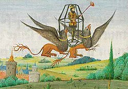 Alexander conquering the air. Jean Wauquelin, Les faits et conquêtes d'Alexandre le Grand, 1448–1449