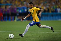 Neymar preparing to strike the winning penalty kick for Brazil against Germany in the Olympic final