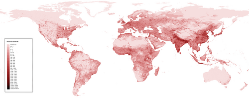 Population density (people per square kilometre) map of the world in 2020