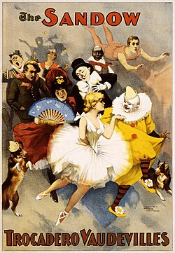 A promotional poster for the Sandow Trocadero Vaudevilles (1894), showing dancers, clowns, trapeze artists, costumed dogs, singers and costumed actors