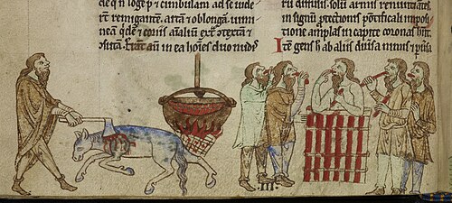 Illustration of the Irish horse sacrifice taken from Topographia Hibernica, c. 1220