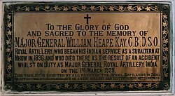 This brass plaque installed inside Christ Church, Mhow is in memory of Major General William Heape Kay of the Royal Artillery who began his Indian service at Mhow in 1896 and subsequently died in an accident there in 1929