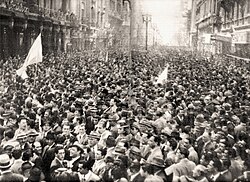 Supporters of the Democratic Union gather on May Avenue in Buenos Aires. This 1945 alliance of conservatives and leftists was tenuously united only by its opposition to Perón.