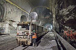 Narrow gauge work train in the East Side Access cavern where the Manhattan terminus of the standard gauge Long Island Rail Road was built.