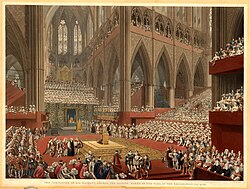 A view of the coronation "theatre", showing the gallery for the large choir and orchestra (centre left) which spanned the eastern end of the abbey.