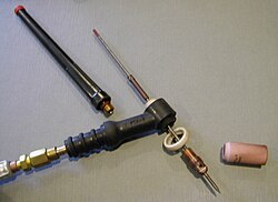Tungsten electrode used in a gas tungsten arc welding torch