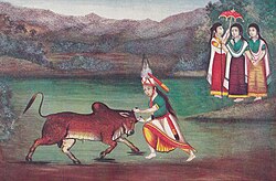 A painting depicting Kao, being captured by hero Khuman Khamba