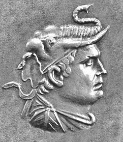 Greco-Bactrian king Demetrius I (r. 200 – 180 BC) wearing an elephant scalp, a symbol of his conquests of Northwestern India
