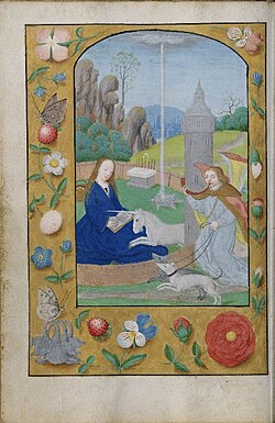 Illumination of a unicorn (a symbol of the incarnation of Christ, of innocence and purity) falling asleep on the lap of a virgin. The border shows plants which symbolise the virtues of the Virgin Mary, such woodland strawberries, roses and violets; Mary's robe is blue, a traditional colour attribution.