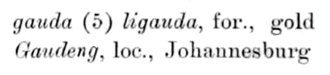 A snippet of text showing the Sesotho word "Gaudeng" (modern Gauteng) in Jacottet's A practical method to learn Sesuto: with exercises and a short vocabulary, published in 1906