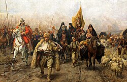 Migration of the Serbs, by Paja Jovanović (c. 1896), depicting the Great Migration of 1690, led by the patriarch Arsenije III Crnojević