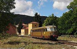 Historic train at the Cansano railway station, along the now tourist Sulmona–Isernia railway [it] in Italy