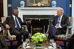 Mbeki with American Vice President Joe Biden in the West Wing, April 2011.