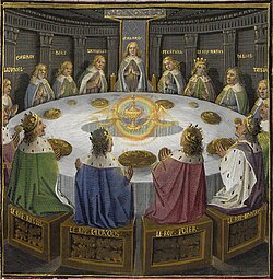 The Round Table experiences a vision of the Holy Grail, an illumination by Évrard d'Espinques (c. 1475)[108]