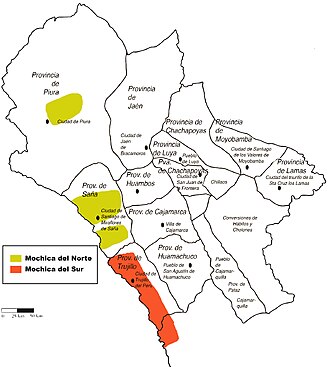 Map of the region of the Bishopric of Trujillo shows the two different Mochica cultures.