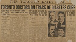 Front page of the Star in 1922, covering Frederick Banting's accomplishments with insulin