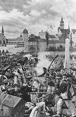French infantry defending a barricade against a Prussian assault