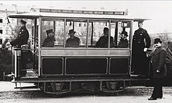 Gross-Lichterfelde Tram in Berlin in 1882. First lacking overhead wires, it became the first tram with those in 1883.