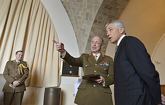 General Sir David Richards and Tom Tugendhat with U.S. Secretary of Defense Chuck Hagel in 2013