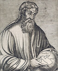 The Ancient Greek geographer Strabo holding a globe showing Europa and Asia