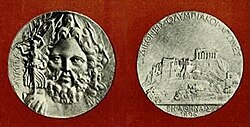 A silver medal was awarded to the winner of each event during the 1896 Summer Olympics. Recent Olympic medals are suspended as a pendant from a ribbon, and are awarded in gold, silver and bronze.