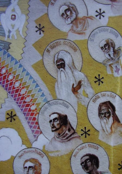 Icon of Saints, including Francis of Assisi, by Arsenie Boca, located in Draganescu Church[112]