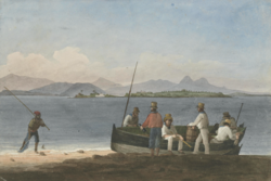 View of the Bay of Rio de Janeiro, Lord Cochrane's boat & crew, watercolour by Augustus Earle, c. 1822