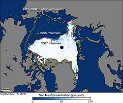 Arctic sea ice coverage as of 2007 compared to 2005 and compared to 1979–2000 average